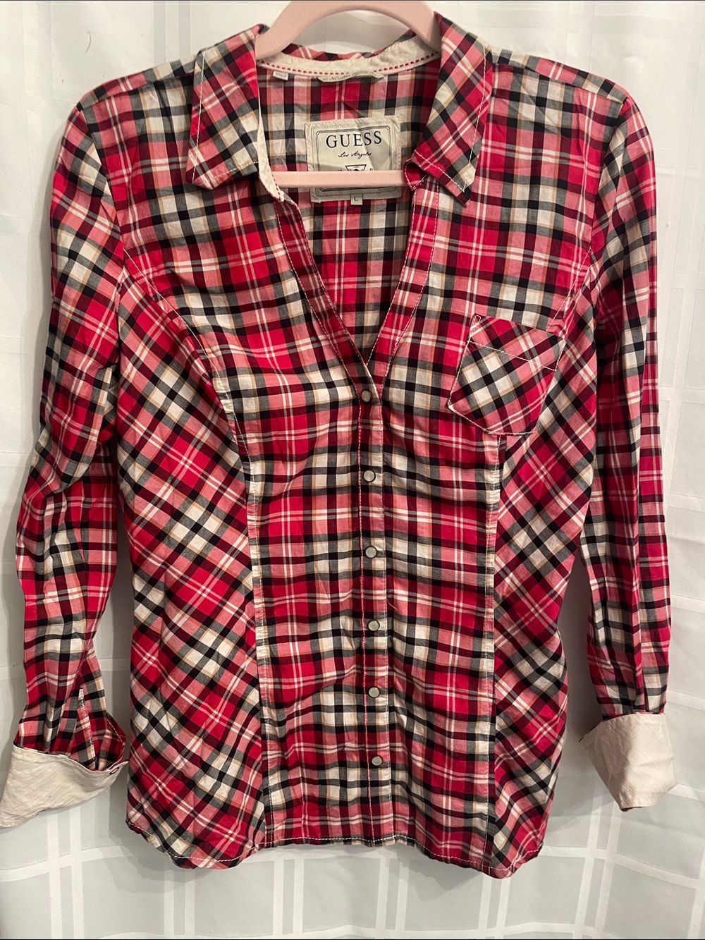 GUESS Red, Black & White Plaid Button-Down Shirt Size L